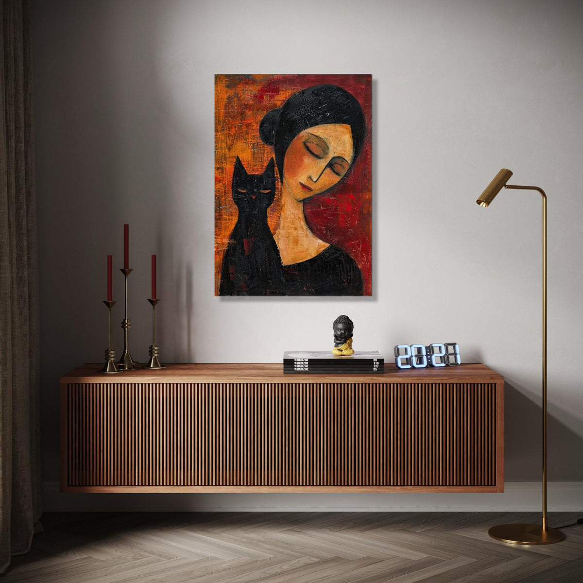 Elegant Woman with Black Cat Canvas Wall Art, Modern Figurative Painting, Moody Abstract Decor, Contemporary Gift Art, Home Decor, Print