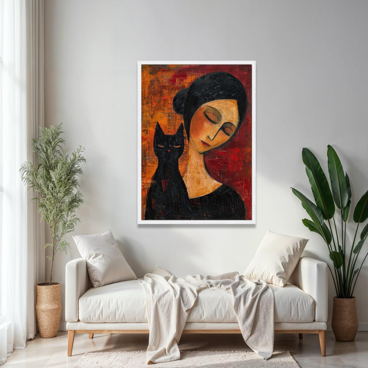 Elegant Woman with Black Cat Canvas Wall Art, Modern Figurative Painting, Moody Abstract Decor, Contemporary Gift Art, Home Decor, Print