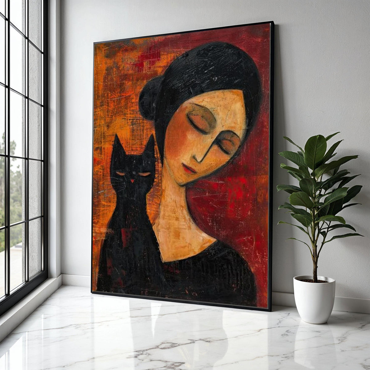 Elegant Woman with Black Cat Canvas Wall Art, Modern Figurative Painting, Moody Abstract Decor, Contemporary Gift Art, Home Decor, Print