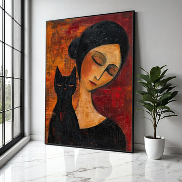 Elegant Woman with Black Cat Canvas Wall Art, Modern Figurative Painting, Moody Abstract Decor, Contemporary Gift Art, Home Decor, Print