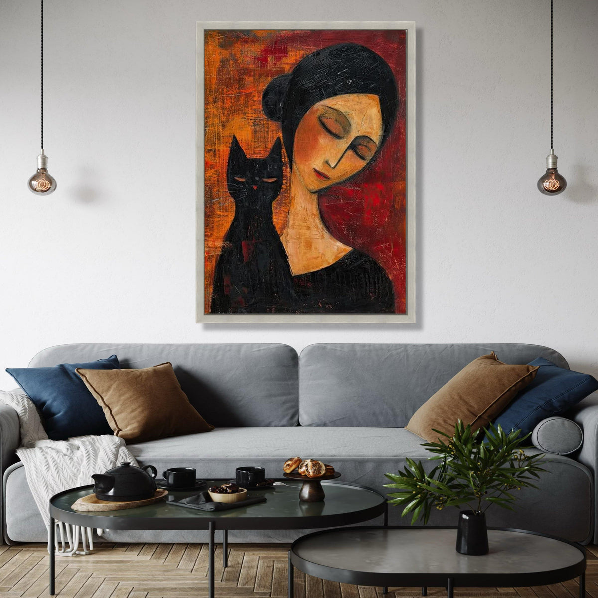 Elegant Woman with Black Cat Canvas Wall Art, Modern Figurative Painting, Moody Abstract Decor, Contemporary Gift Art, Home Decor, Print