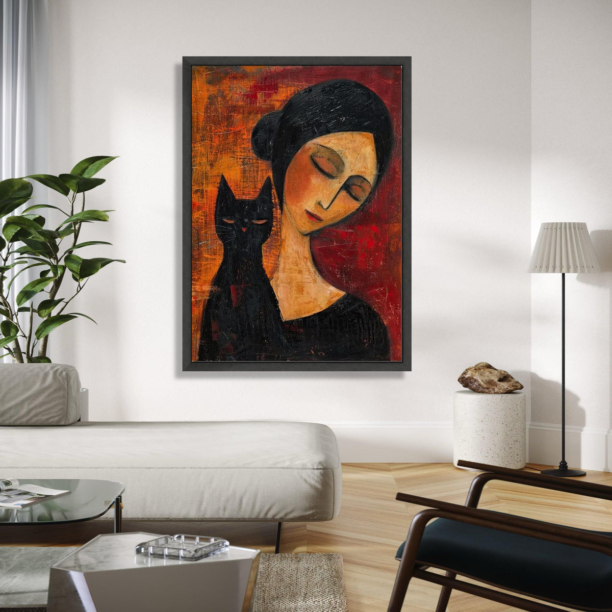 Elegant Woman with Black Cat Canvas Wall Art, Modern Figurative Painting, Moody Abstract Decor, Contemporary Gift Art, Home Decor, Print