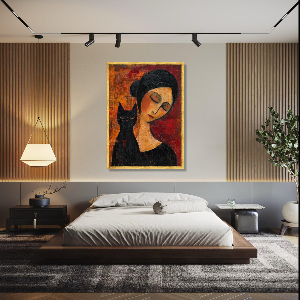 Elegant Woman with Black Cat Canvas Wall Art, Modern Figurative Painting, Moody Abstract Decor, Contemporary Gift Art, Home Decor, Print