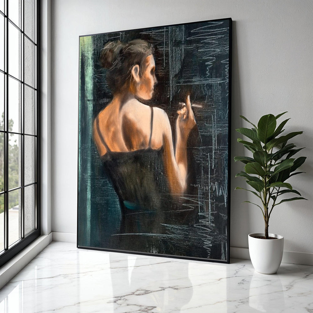 Elegant Woman Smoking Canvas, Vintage Style Wall Art, Feminine Portrait Painting, Moody Interior Decor, Gift Art, Home Decor, Print