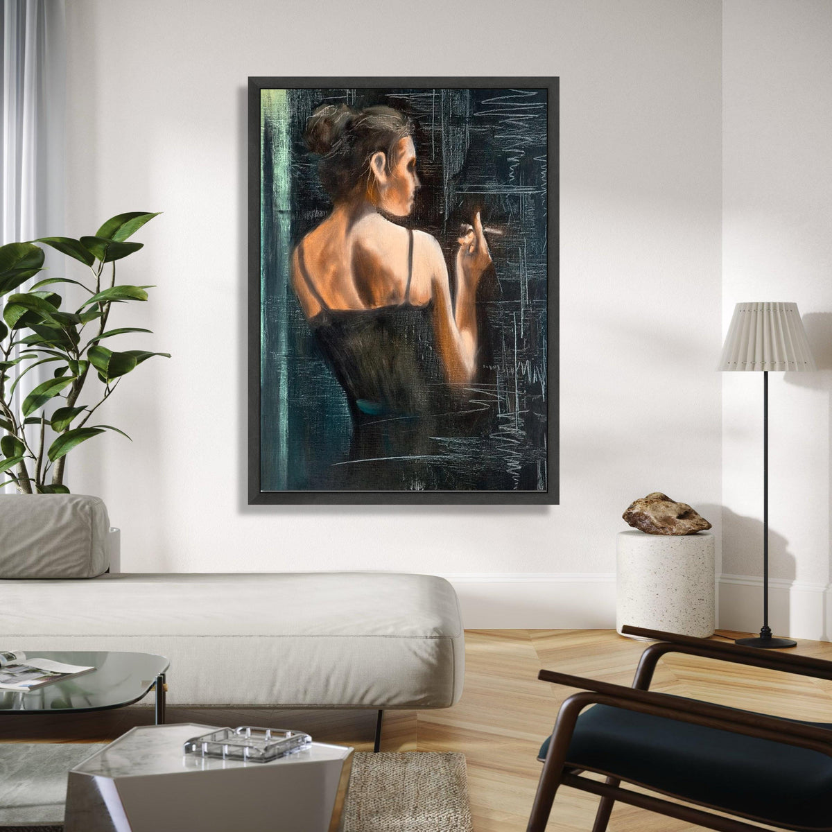 Elegant Woman Smoking Canvas, Vintage Style Wall Art, Feminine Portrait Painting, Moody Interior Decor, Gift Art, Home Decor, Print