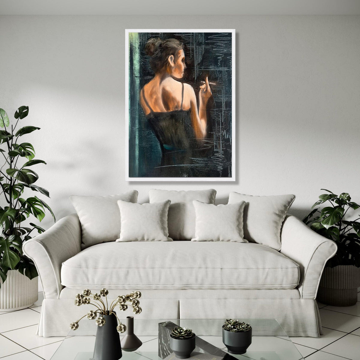 Elegant Woman Smoking Canvas, Vintage Style Wall Art, Feminine Portrait Painting, Moody Interior Decor, Gift Art, Home Decor, Print