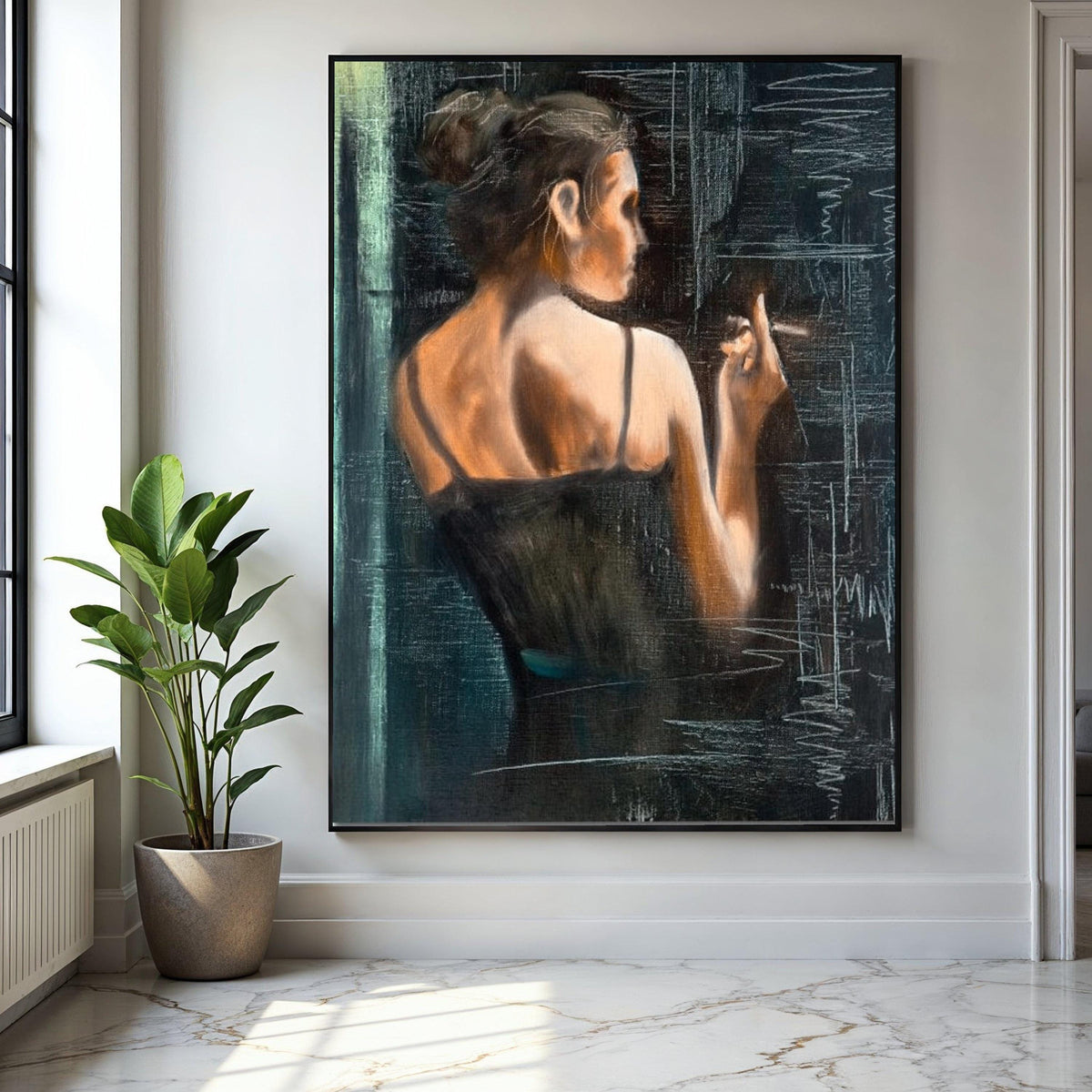 Elegant Woman Smoking Canvas, Vintage Style Wall Art, Feminine Portrait Painting, Moody Interior Decor, Gift Art, Home Decor, Print