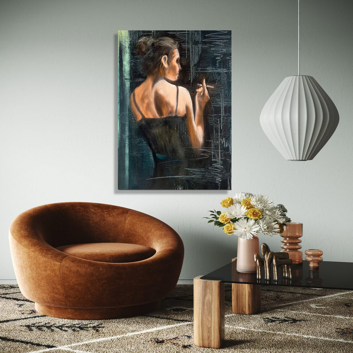 Elegant Woman Smoking Canvas, Vintage Style Wall Art, Feminine Portrait Painting, Moody Interior Decor, Gift Art, Home Decor, Print