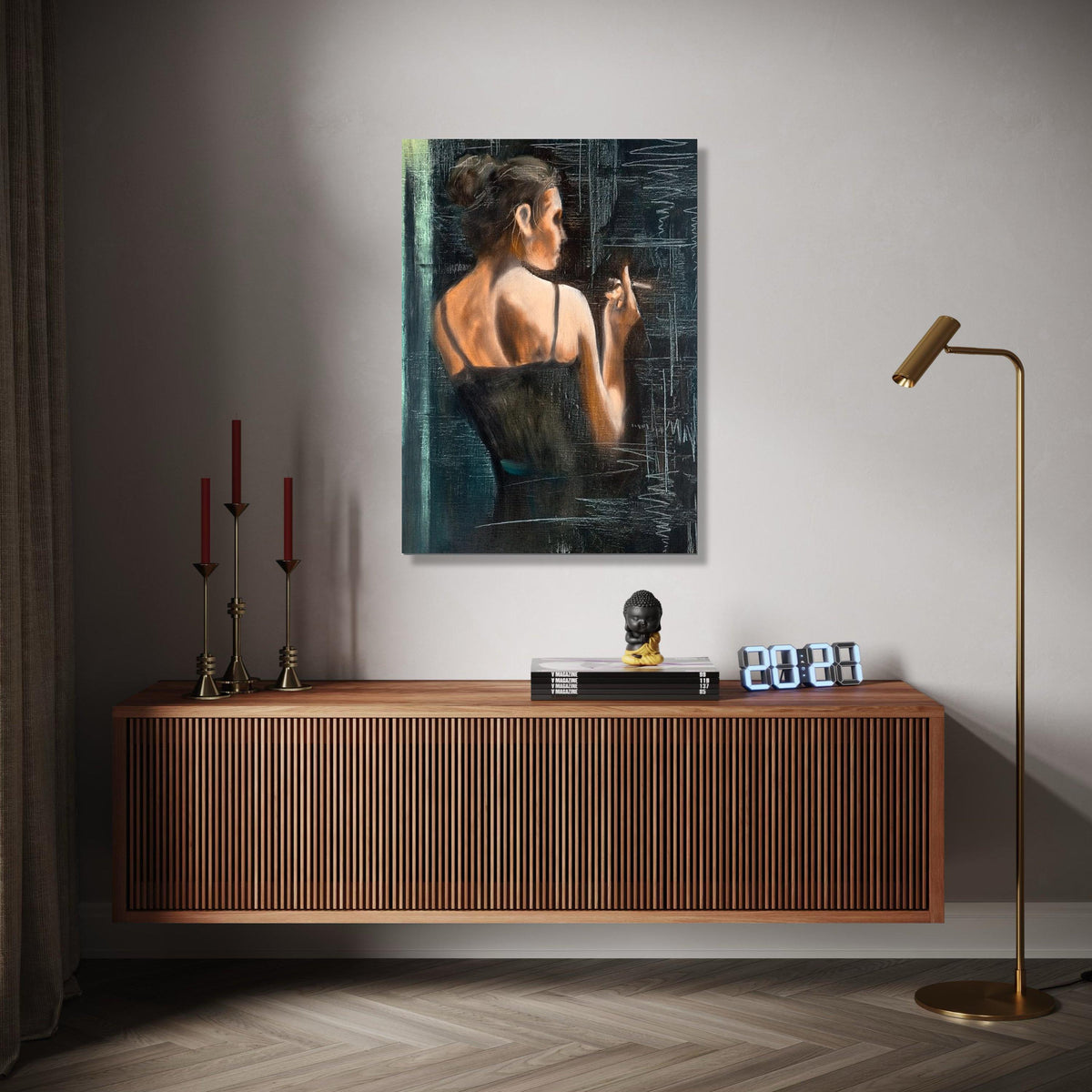 Elegant Woman Smoking Canvas, Vintage Style Wall Art, Feminine Portrait Painting, Moody Interior Decor, Gift Art, Home Decor, Print