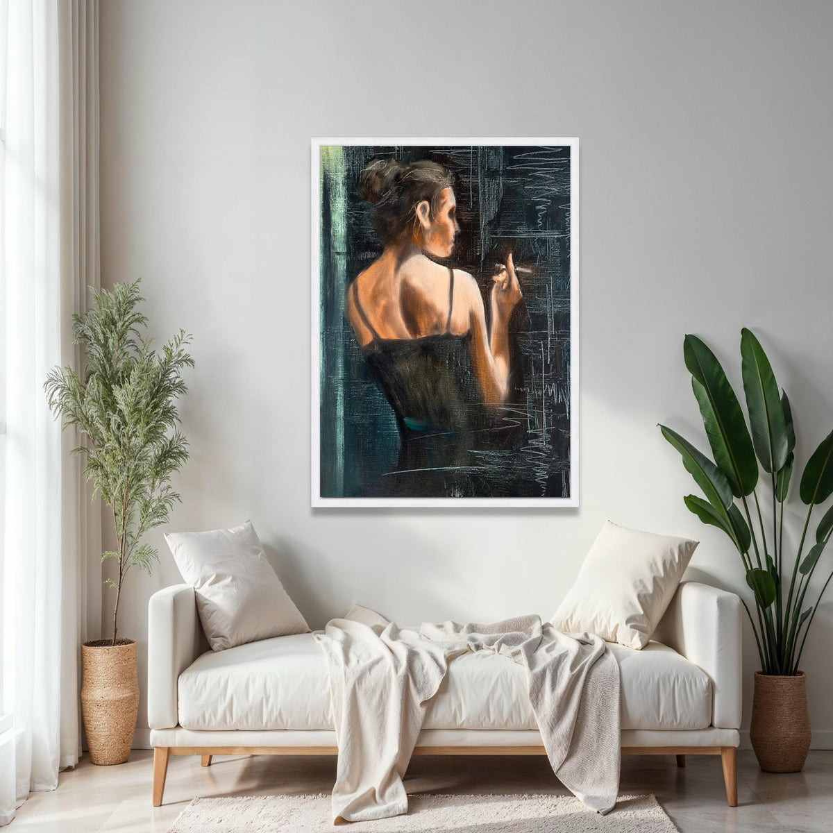 Elegant Woman Smoking Canvas, Vintage Style Wall Art, Feminine Portrait Painting, Moody Interior Decor, Gift Art, Home Decor, Print