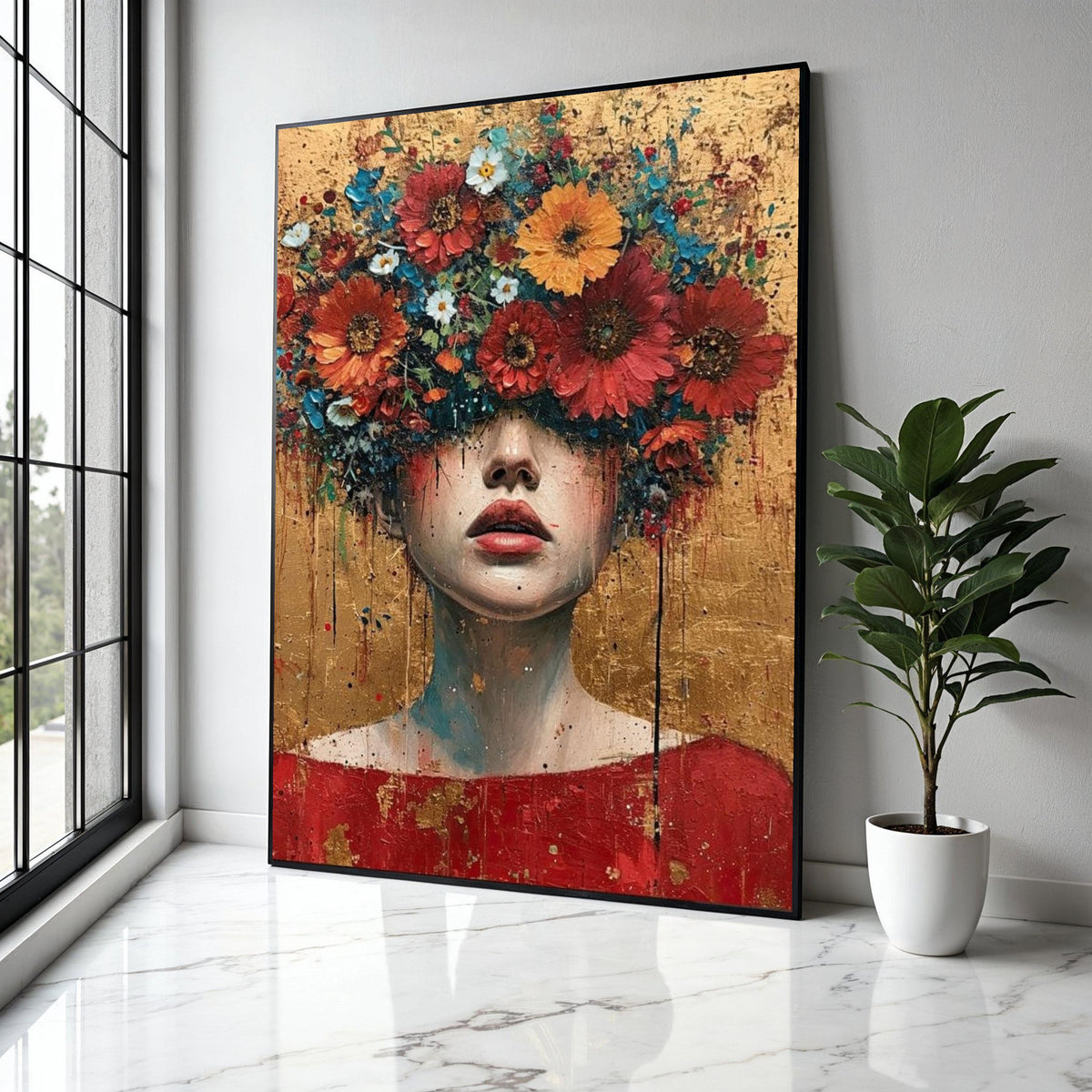 Abstract Floral Head Canvas, Woman Portrait Wall Art, Modern Expressionist Canvas, Colorful Flower Crown Art, Gift Art, Home Decor, Print