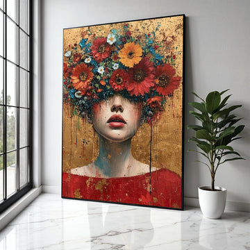 Abstract Floral Head Canvas, Woman Portrait Wall Art, Modern Expressionist Canvas, Colorful Flower Crown Art, Gift Art, Home Decor, Print