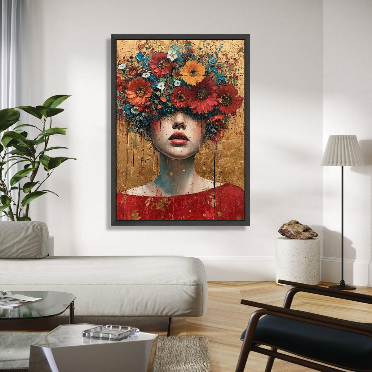 Abstract Floral Head Canvas, Woman Portrait Wall Art, Modern Expressionist Canvas, Colorful Flower Crown Art, Gift Art, Home Decor, Print