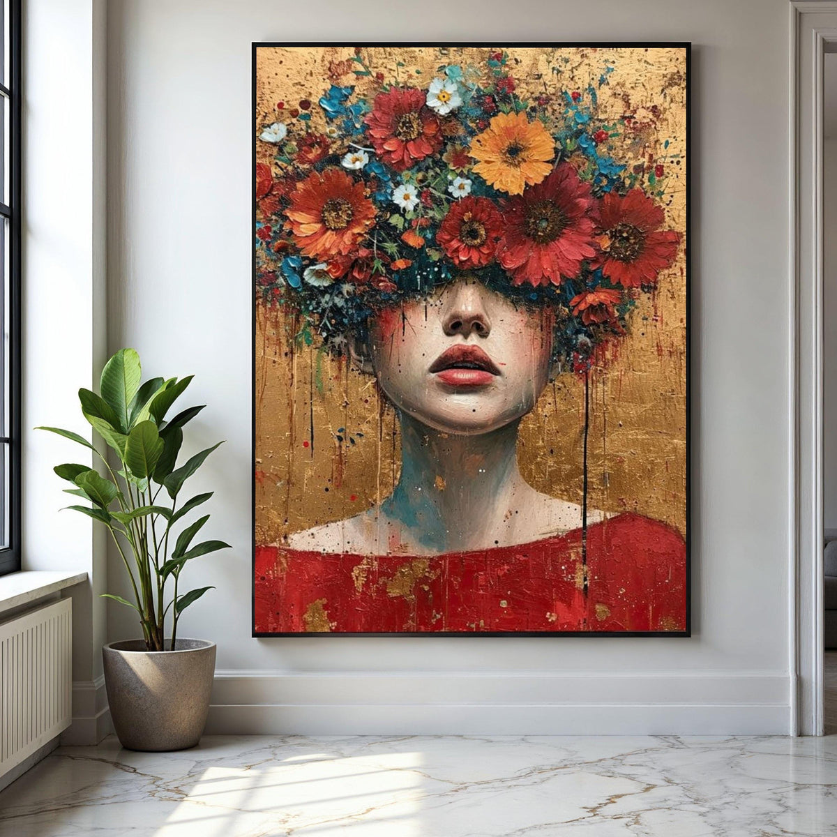 Abstract Floral Head Canvas, Woman Portrait Wall Art, Modern Expressionist Canvas, Colorful Flower Crown Art, Gift Art, Home Decor, Print