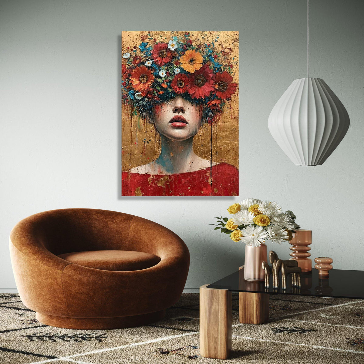 Abstract Floral Head Canvas, Woman Portrait Wall Art, Modern Expressionist Canvas, Colorful Flower Crown Art, Gift Art, Home Decor, Print