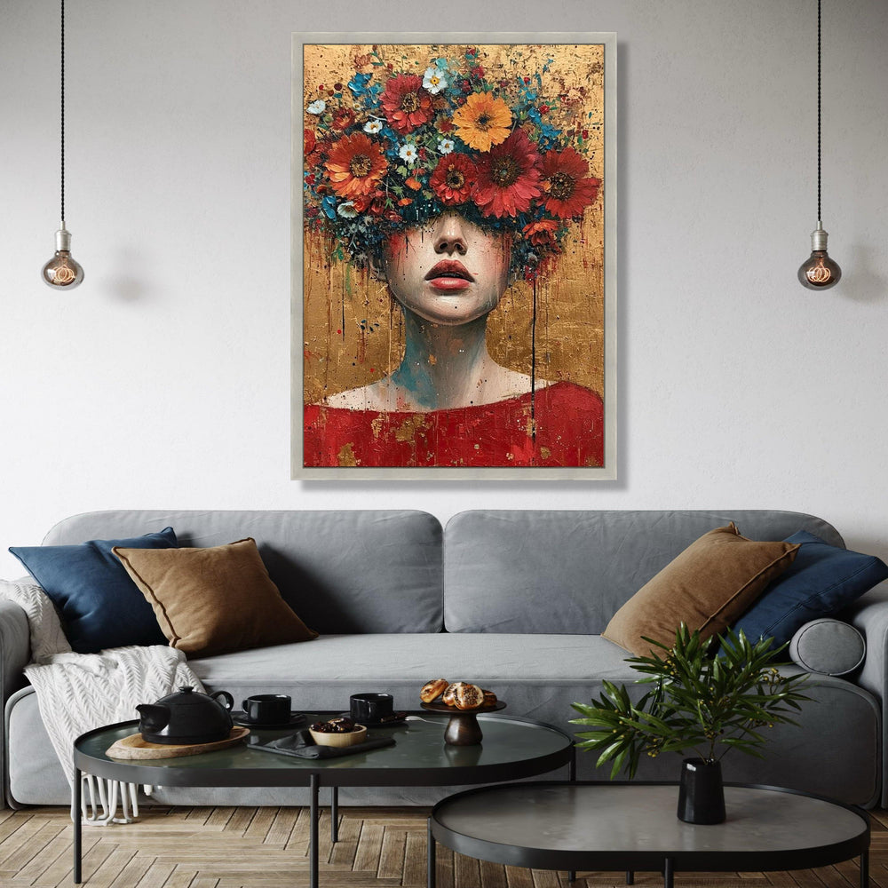 Abstract Floral Head Canvas, Woman Portrait Wall Art, Modern Expressionist Canvas, Colorful Flower Crown Art, Gift Art, Home Decor, Print