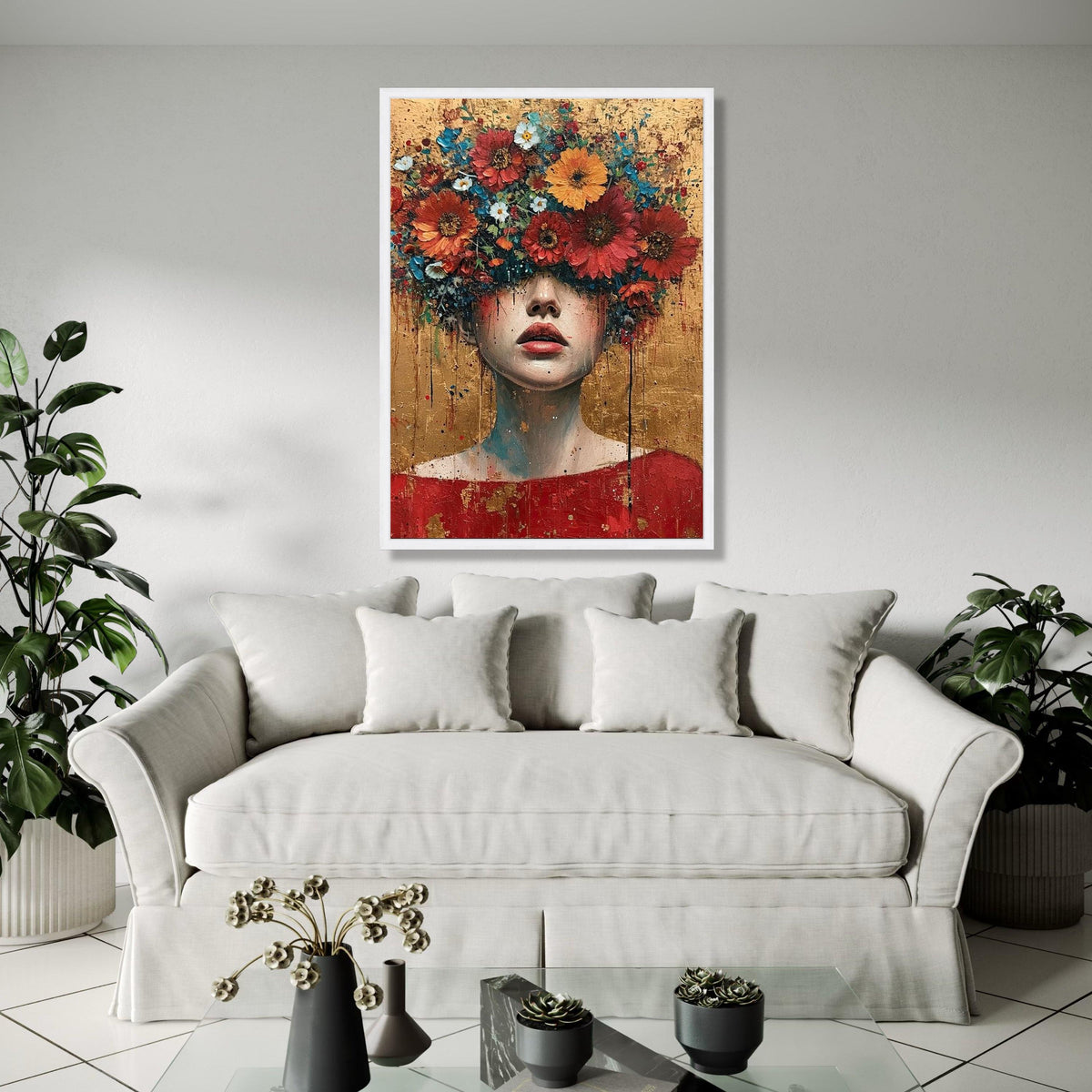 Abstract Floral Head Canvas, Woman Portrait Wall Art, Modern Expressionist Canvas, Colorful Flower Crown Art, Gift Art, Home Decor, Print