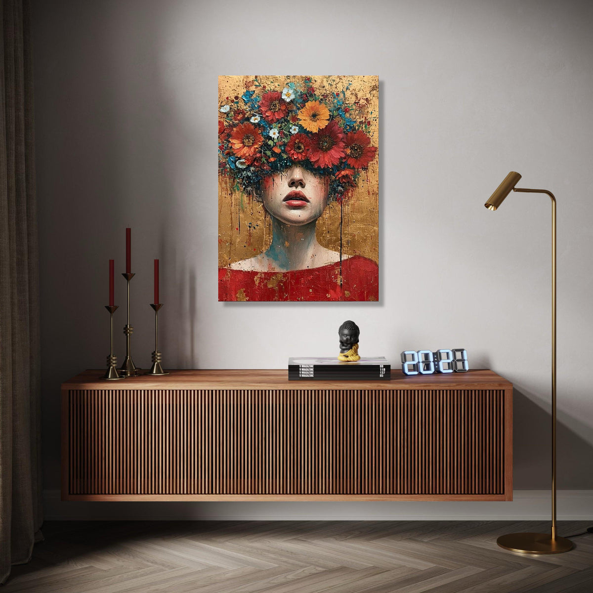 Abstract Floral Head Canvas, Woman Portrait Wall Art, Modern Expressionist Canvas, Colorful Flower Crown Art, Gift Art, Home Decor, Print
