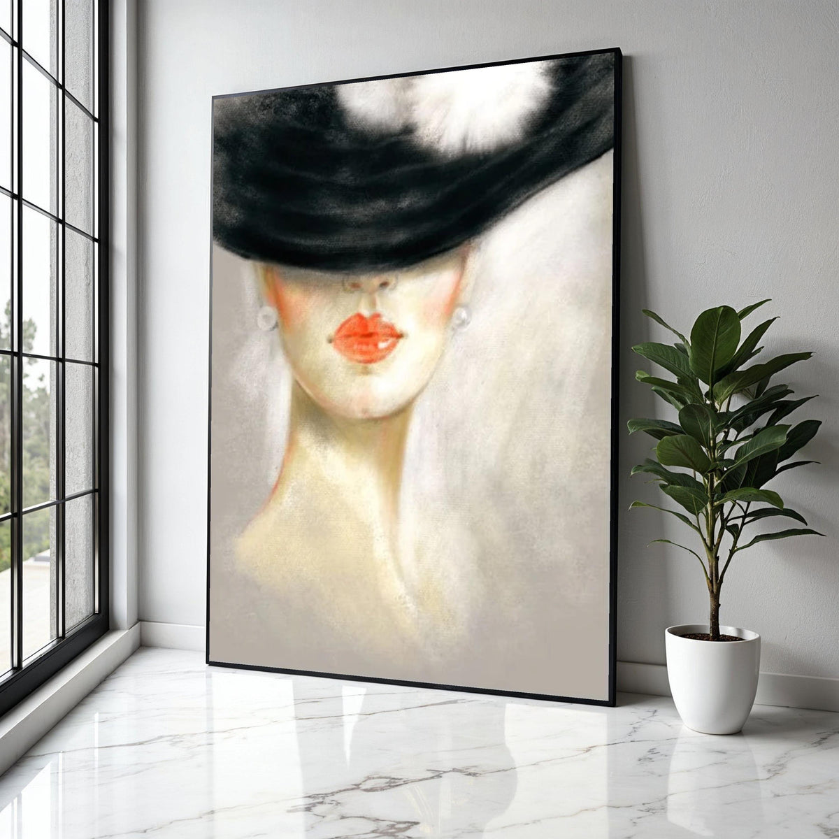 Elegant Lady in Black Hat Canvas, Modern Portrait Wall Art, Feminine Face Painting, Chic Home Decor, Fashion Gift Art, Home Decor, Print