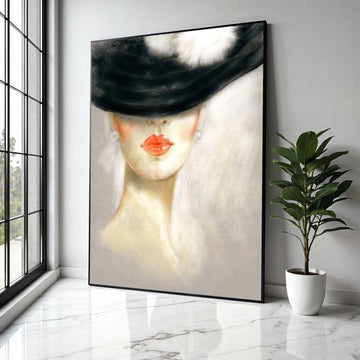 Elegant Lady in Black Hat Canvas, Modern Portrait Wall Art, Feminine Face Painting, Chic Home Decor, Fashion Gift Art, Home Decor, Print