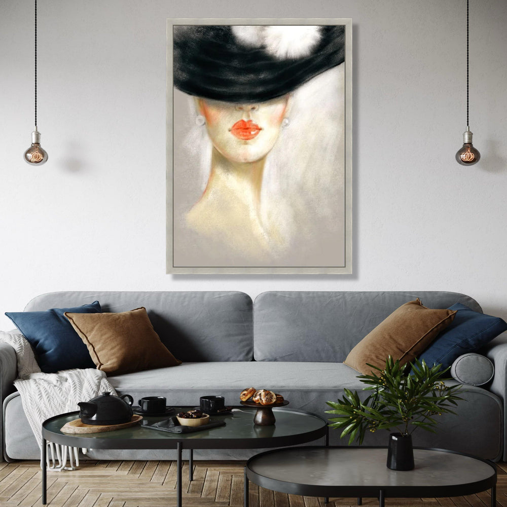 Elegant Lady in Black Hat Canvas, Modern Portrait Wall Art, Feminine Face Painting, Chic Home Decor, Fashion Gift Art, Home Decor, Print