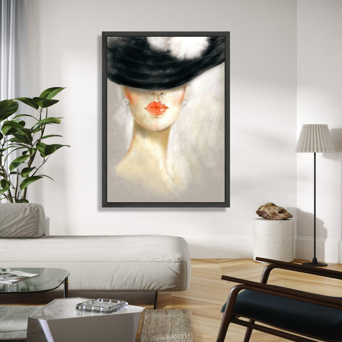 Elegant Lady in Black Hat Canvas, Modern Portrait Wall Art, Feminine Face Painting, Chic Home Decor, Fashion Gift Art, Home Decor, Print