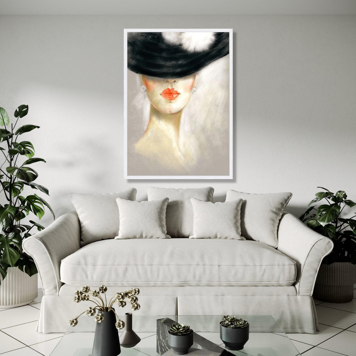 Elegant Lady in Black Hat Canvas, Modern Portrait Wall Art, Feminine Face Painting, Chic Home Decor, Fashion Gift Art, Home Decor, Print