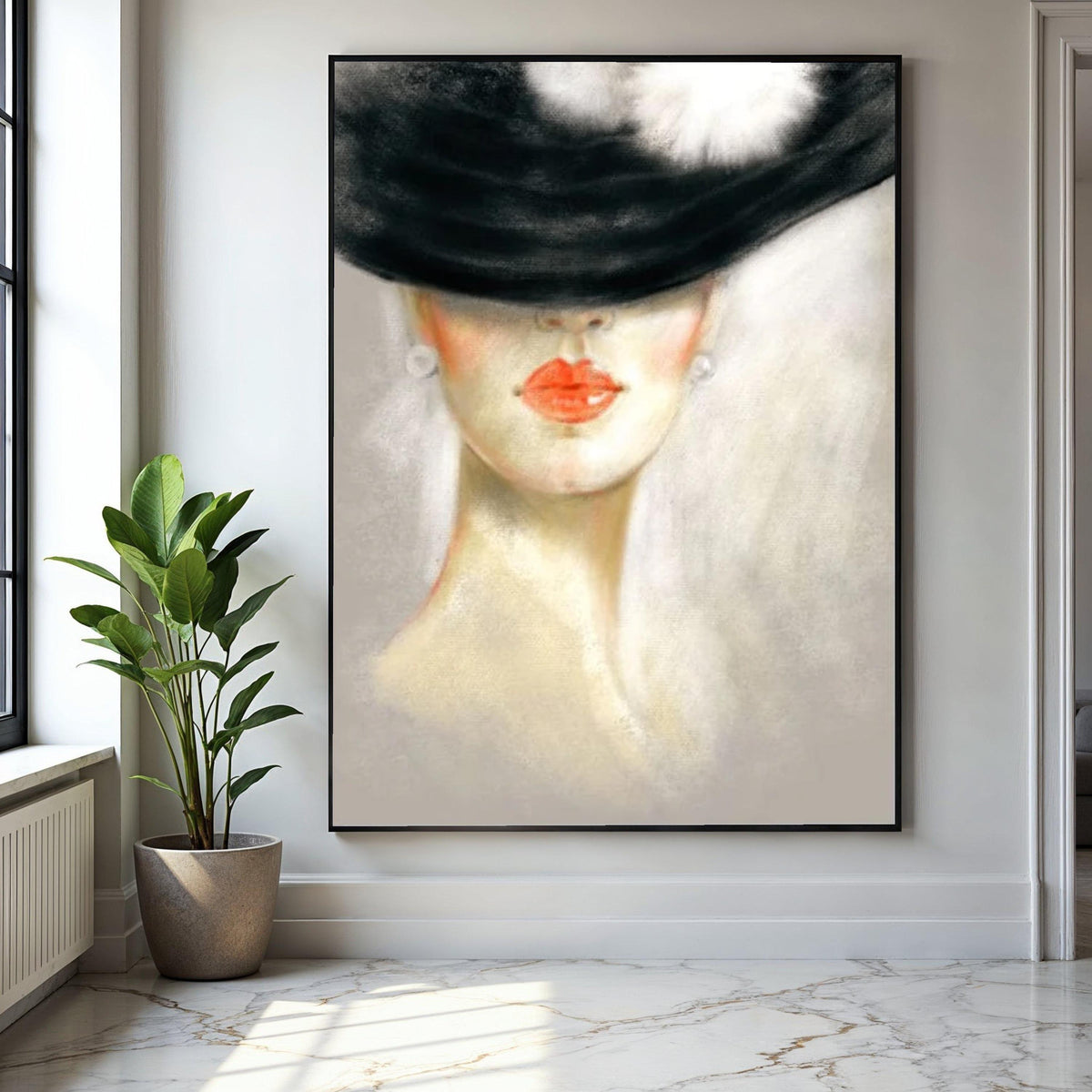 Elegant Lady in Black Hat Canvas, Modern Portrait Wall Art, Feminine Face Painting, Chic Home Decor, Fashion Gift Art, Home Decor, Print