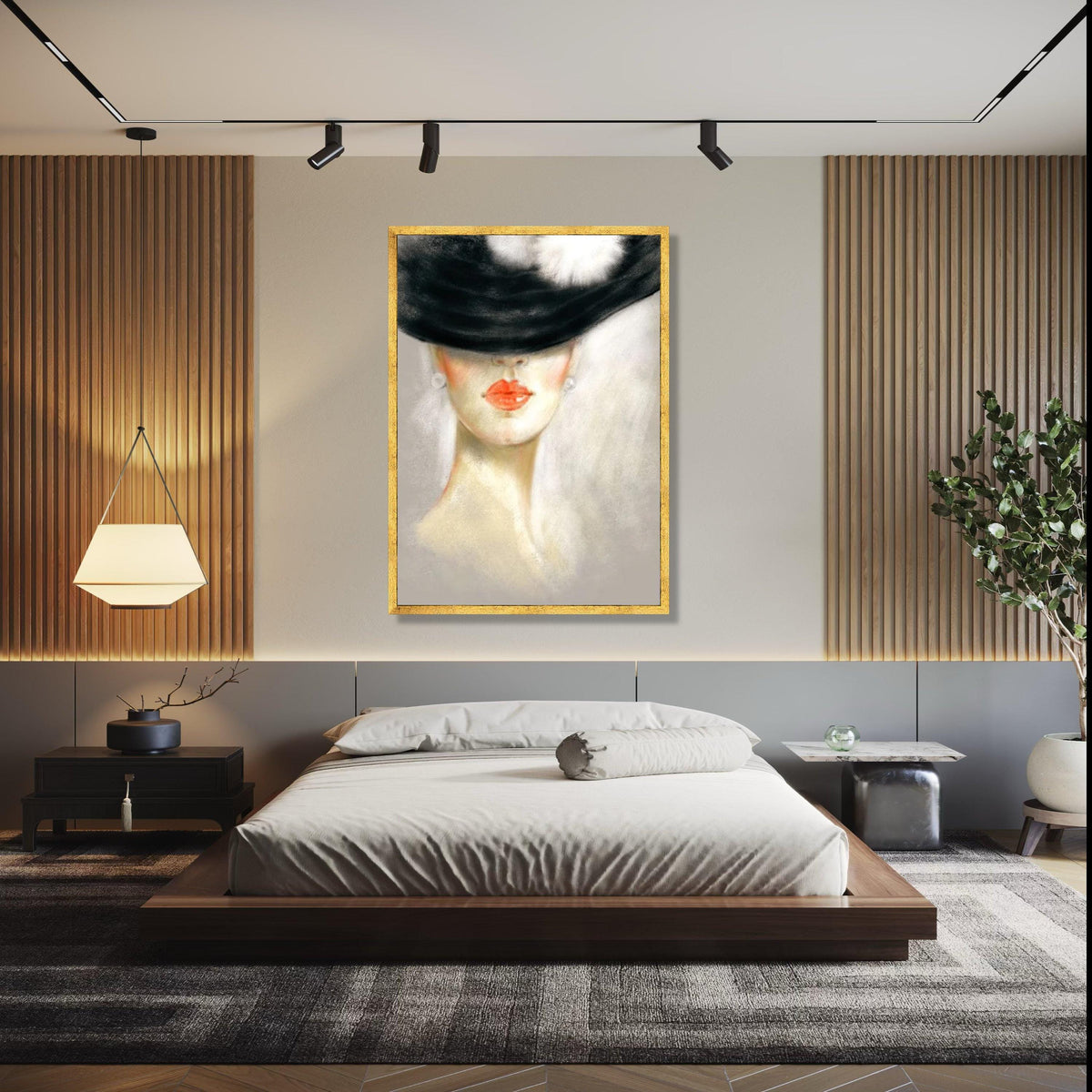 Elegant Lady in Black Hat Canvas, Modern Portrait Wall Art, Feminine Face Painting, Chic Home Decor, Fashion Gift Art, Home Decor, Print