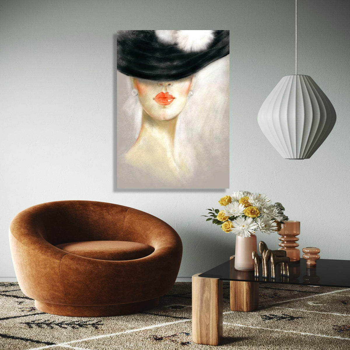 Elegant Lady in Black Hat Canvas, Modern Portrait Wall Art, Feminine Face Painting, Chic Home Decor, Fashion Gift Art, Home Decor, Print