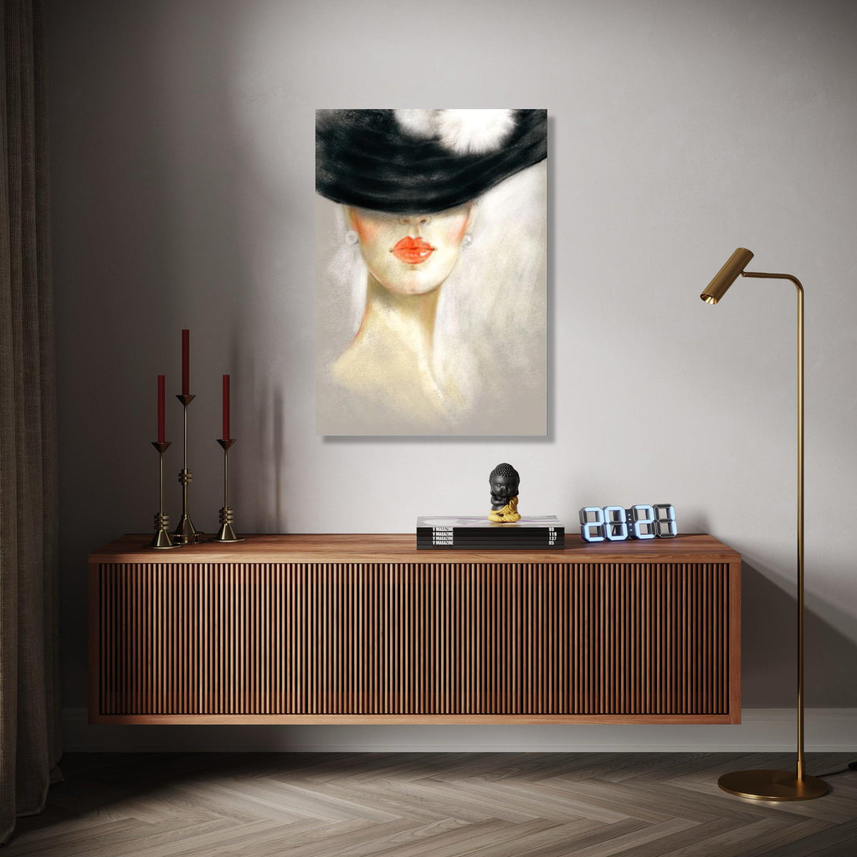 Elegant Lady in Black Hat Canvas, Modern Portrait Wall Art, Feminine Face Painting, Chic Home Decor, Fashion Gift Art, Home Decor, Print