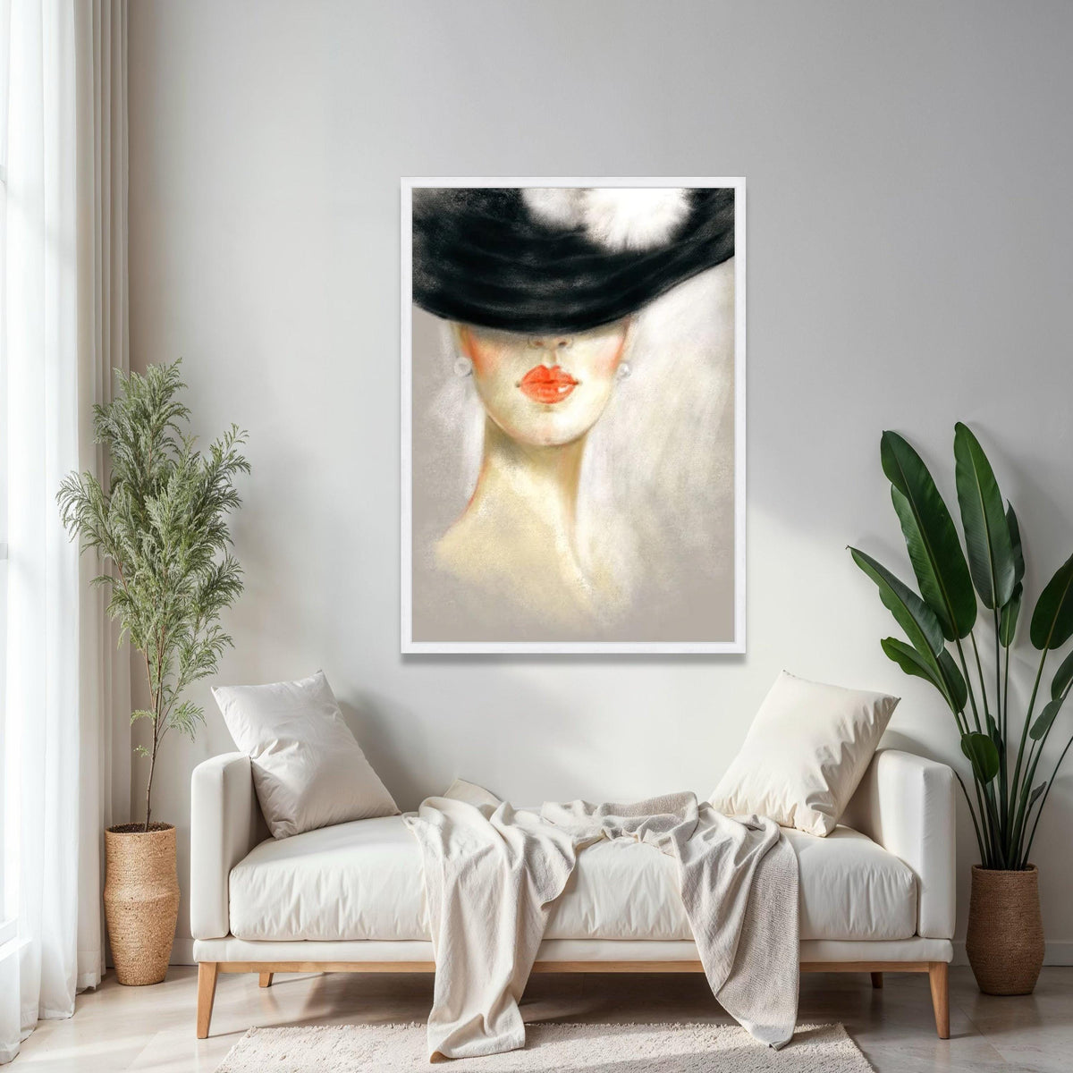 Elegant Lady in Black Hat Canvas, Modern Portrait Wall Art, Feminine Face Painting, Chic Home Decor, Fashion Gift Art, Home Decor, Print