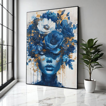 Blue Floral Crown Portrait Canvas, Abstract Woman Wall Art, Modern Decorative Canvas, Artistic Face Canvas, Gift Art, Home Decor, Print