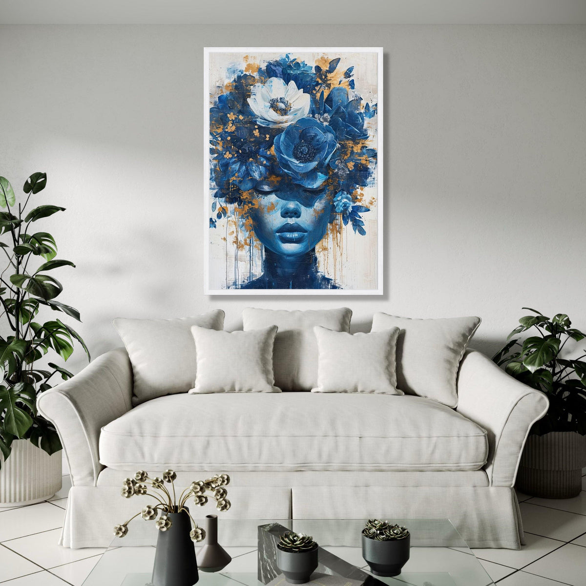 Blue Floral Crown Portrait Canvas, Abstract Woman Wall Art, Modern Decorative Canvas, Artistic Face Canvas, Gift Art, Home Decor, Print