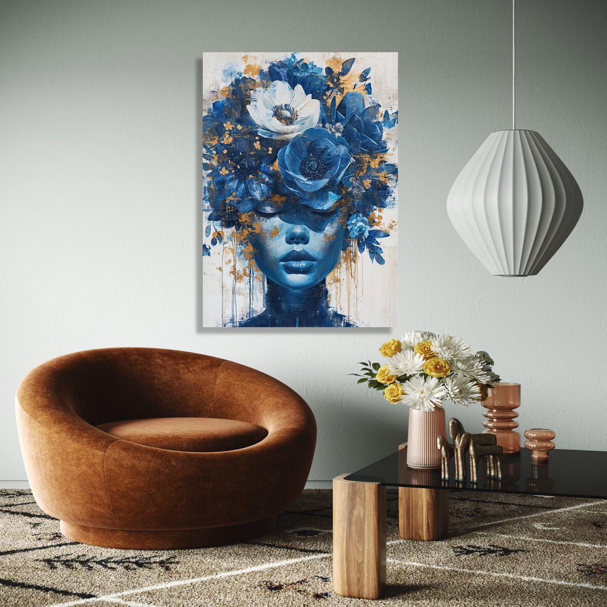 Blue Floral Crown Portrait Canvas, Abstract Woman Wall Art, Modern Decorative Canvas, Artistic Face Canvas, Gift Art, Home Decor, Print