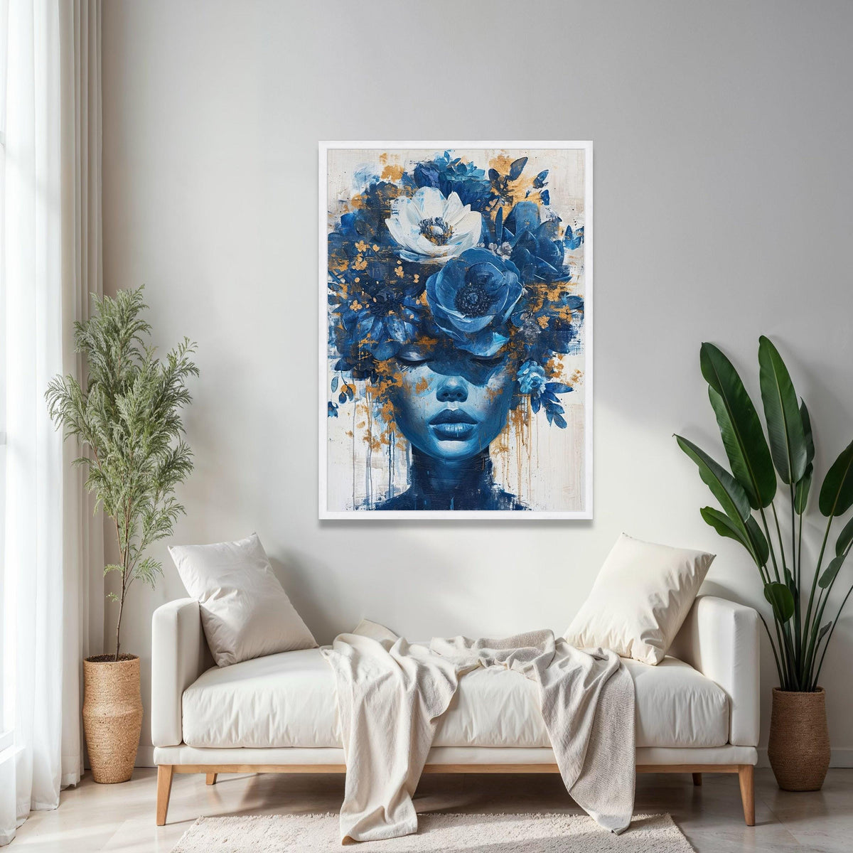 Blue Floral Crown Portrait Canvas, Abstract Woman Wall Art, Modern Decorative Canvas, Artistic Face Canvas, Gift Art, Home Decor, Print