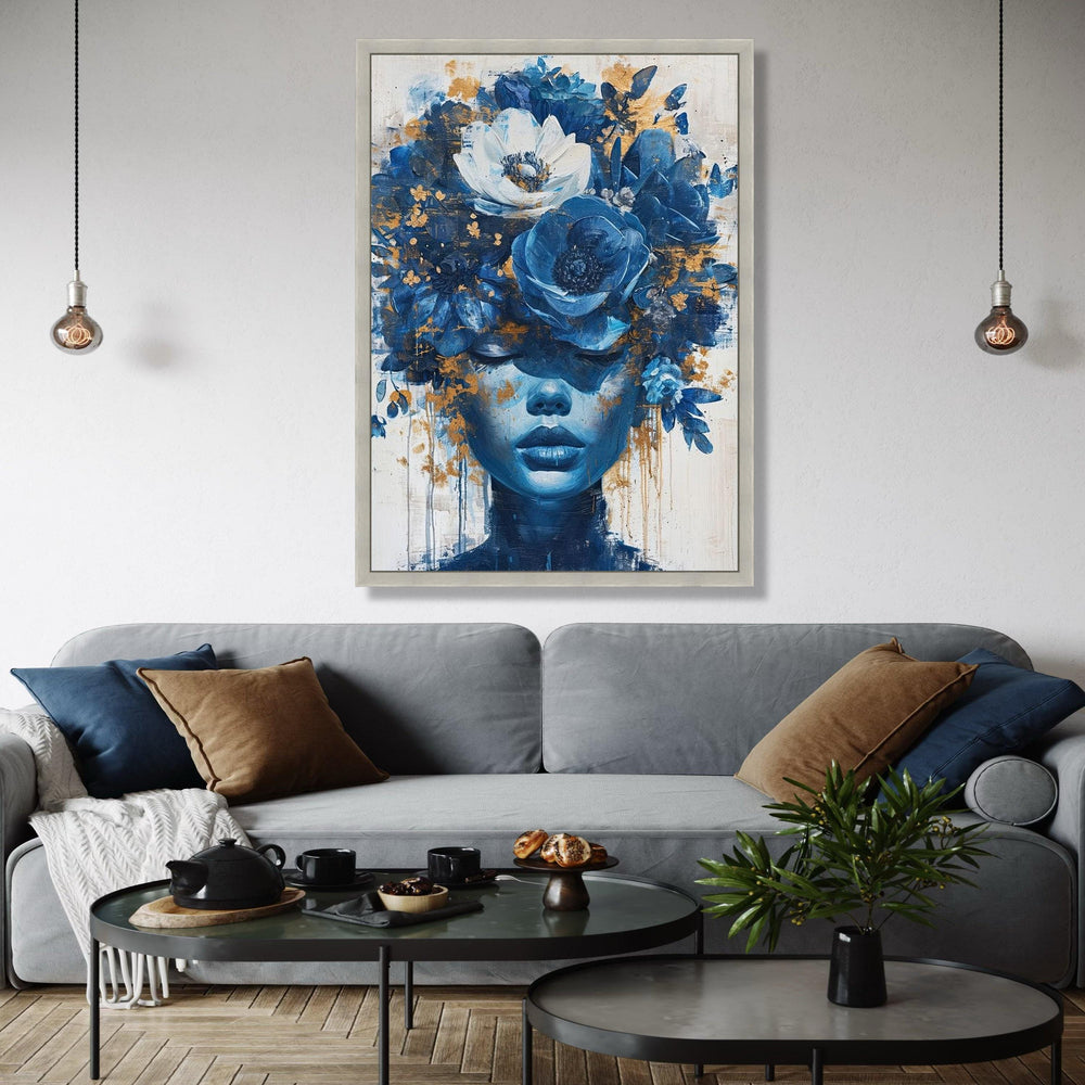 Blue Floral Crown Portrait Canvas, Abstract Woman Wall Art, Modern Decorative Canvas, Artistic Face Canvas, Gift Art, Home Decor, Print