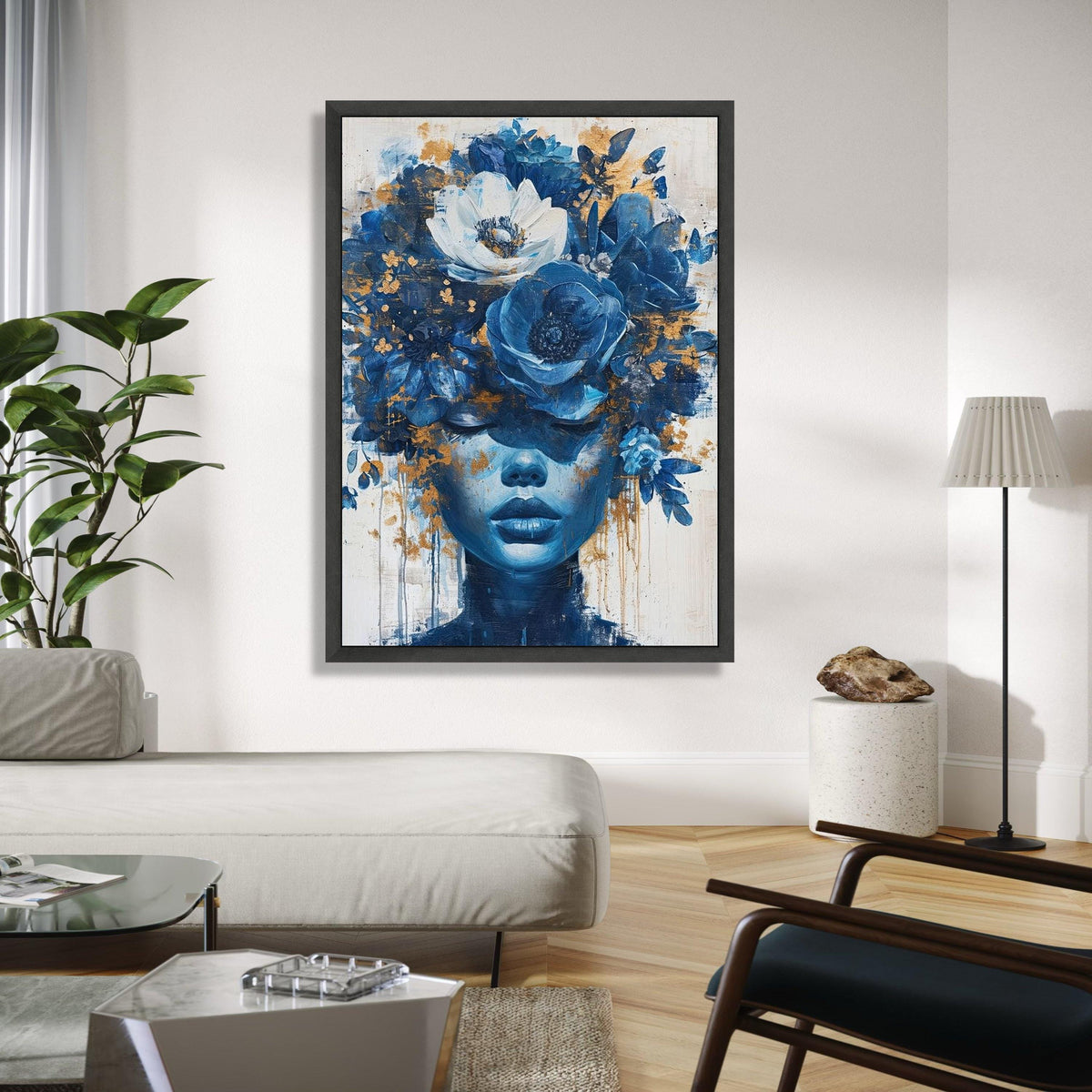 Blue Floral Crown Portrait Canvas, Abstract Woman Wall Art, Modern Decorative Canvas, Artistic Face Canvas, Gift Art, Home Decor, Print