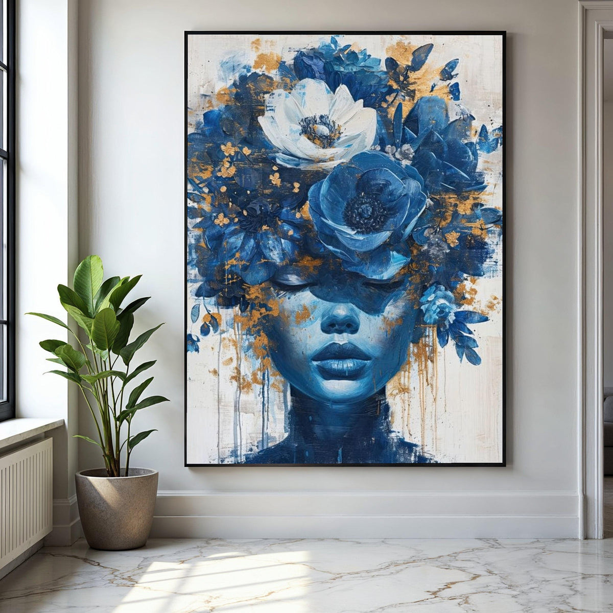 Blue Floral Crown Portrait Canvas, Abstract Woman Wall Art, Modern Decorative Canvas, Artistic Face Canvas, Gift Art, Home Decor, Print