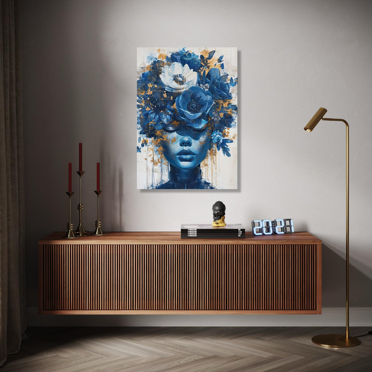 Blue Floral Crown Portrait Canvas, Abstract Woman Wall Art, Modern Decorative Canvas, Artistic Face Canvas, Gift Art, Home Decor, Print