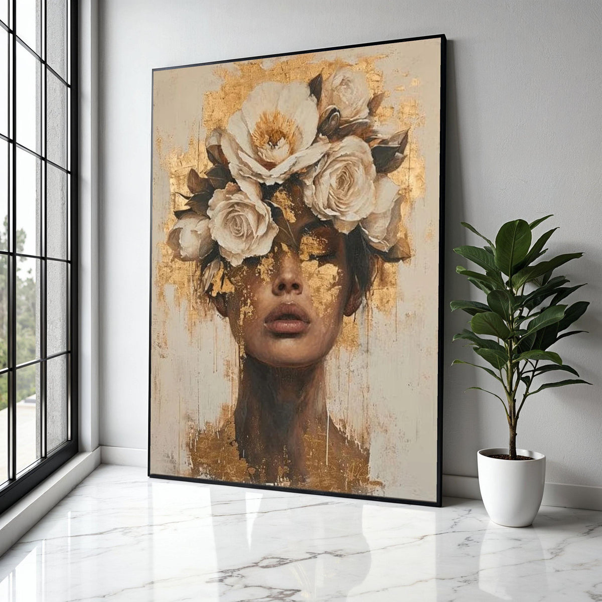 Floral Crown Portrait Canvas, Gold Leaf Face Art, Modern Female Wall Decor, Abstract Woman Painting, Gift Art, Home Decor, Print