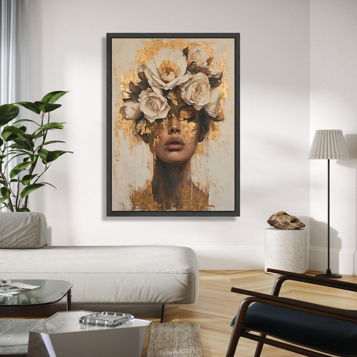 Floral Crown Portrait Canvas, Gold Leaf Face Art, Modern Female Wall Decor, Abstract Woman Painting, Gift Art, Home Decor, Print