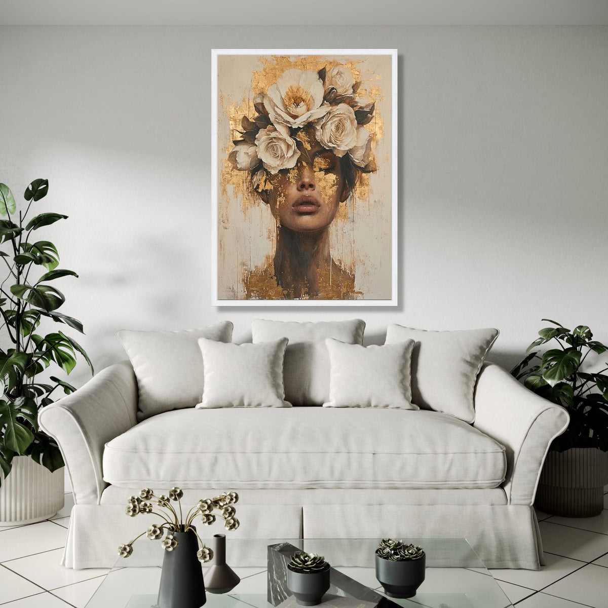 Floral Crown Portrait Canvas, Gold Leaf Face Art, Modern Female Wall Decor, Abstract Woman Painting, Gift Art, Home Decor, Print