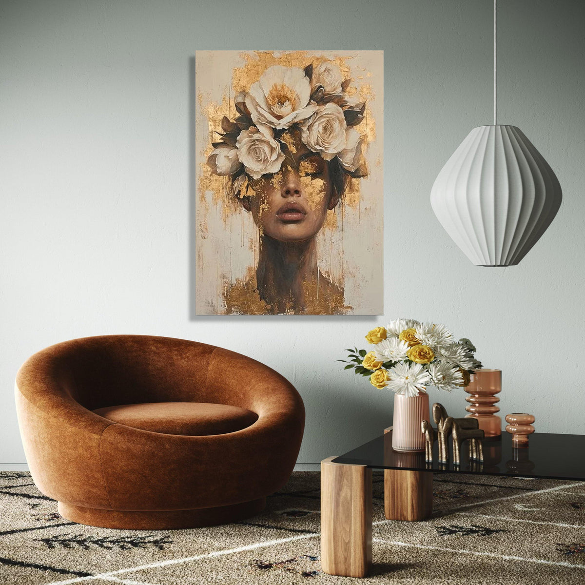 Floral Crown Portrait Canvas, Gold Leaf Face Art, Modern Female Wall Decor, Abstract Woman Painting, Gift Art, Home Decor, Print