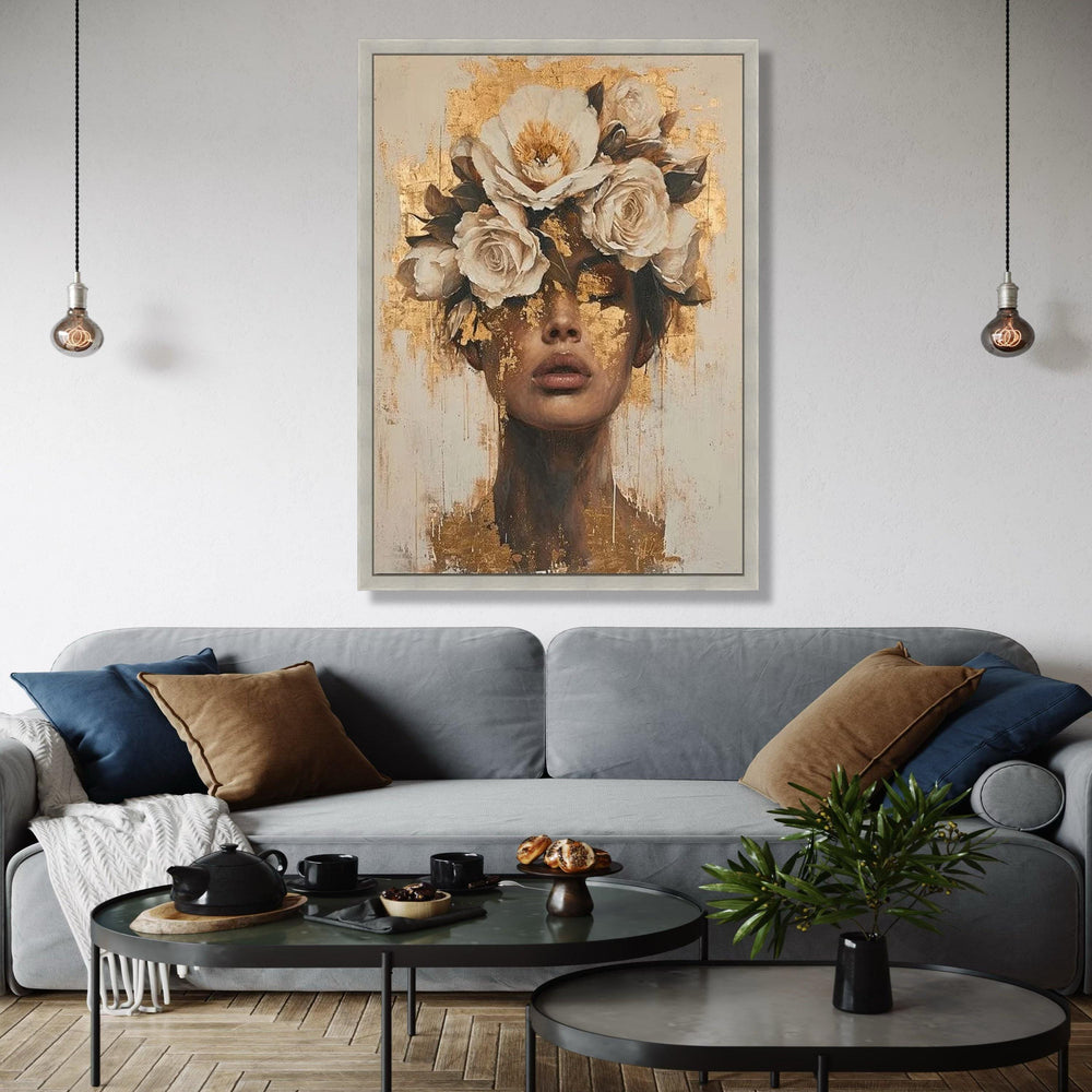 Floral Crown Portrait Canvas, Gold Leaf Face Art, Modern Female Wall Decor, Abstract Woman Painting, Gift Art, Home Decor, Print