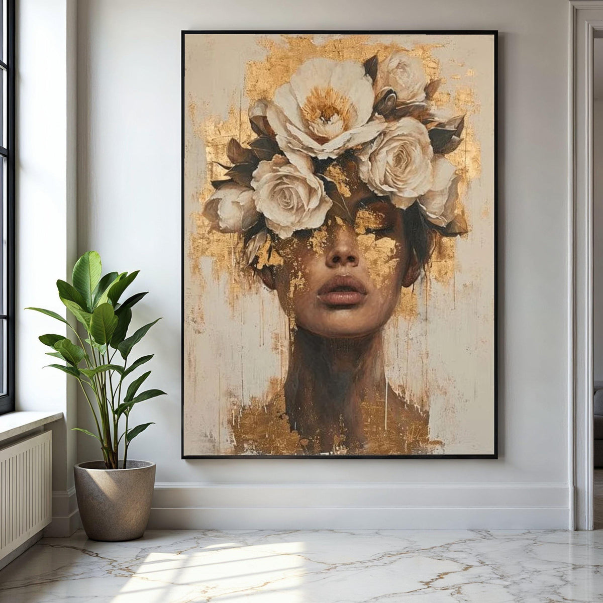 Floral Crown Portrait Canvas, Gold Leaf Face Art, Modern Female Wall Decor, Abstract Woman Painting, Gift Art, Home Decor, Print
