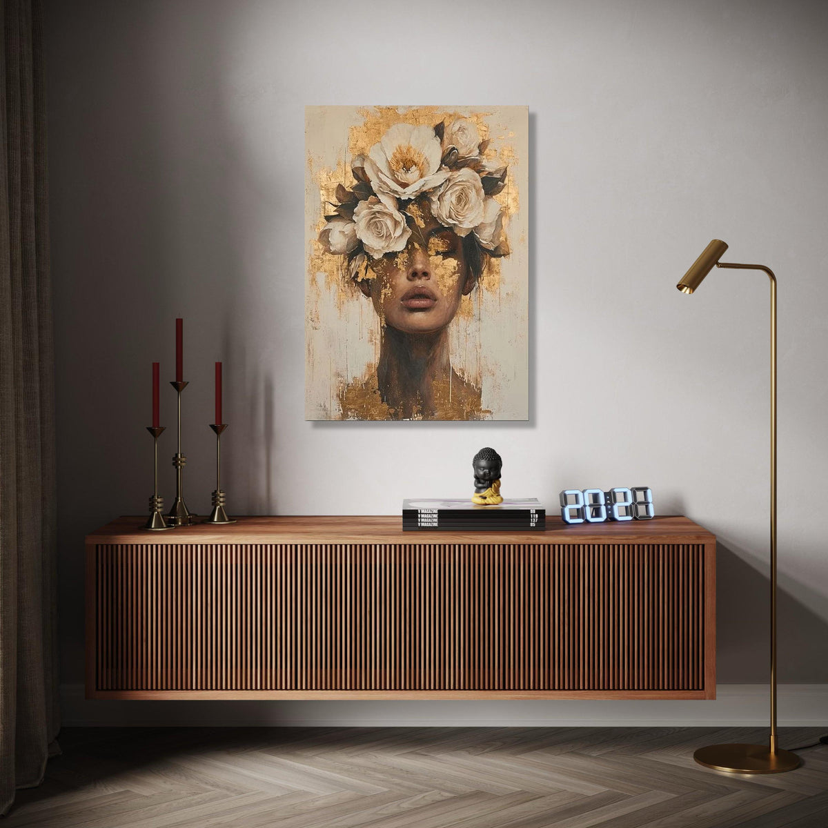Floral Crown Portrait Canvas, Gold Leaf Face Art, Modern Female Wall Decor, Abstract Woman Painting, Gift Art, Home Decor, Print