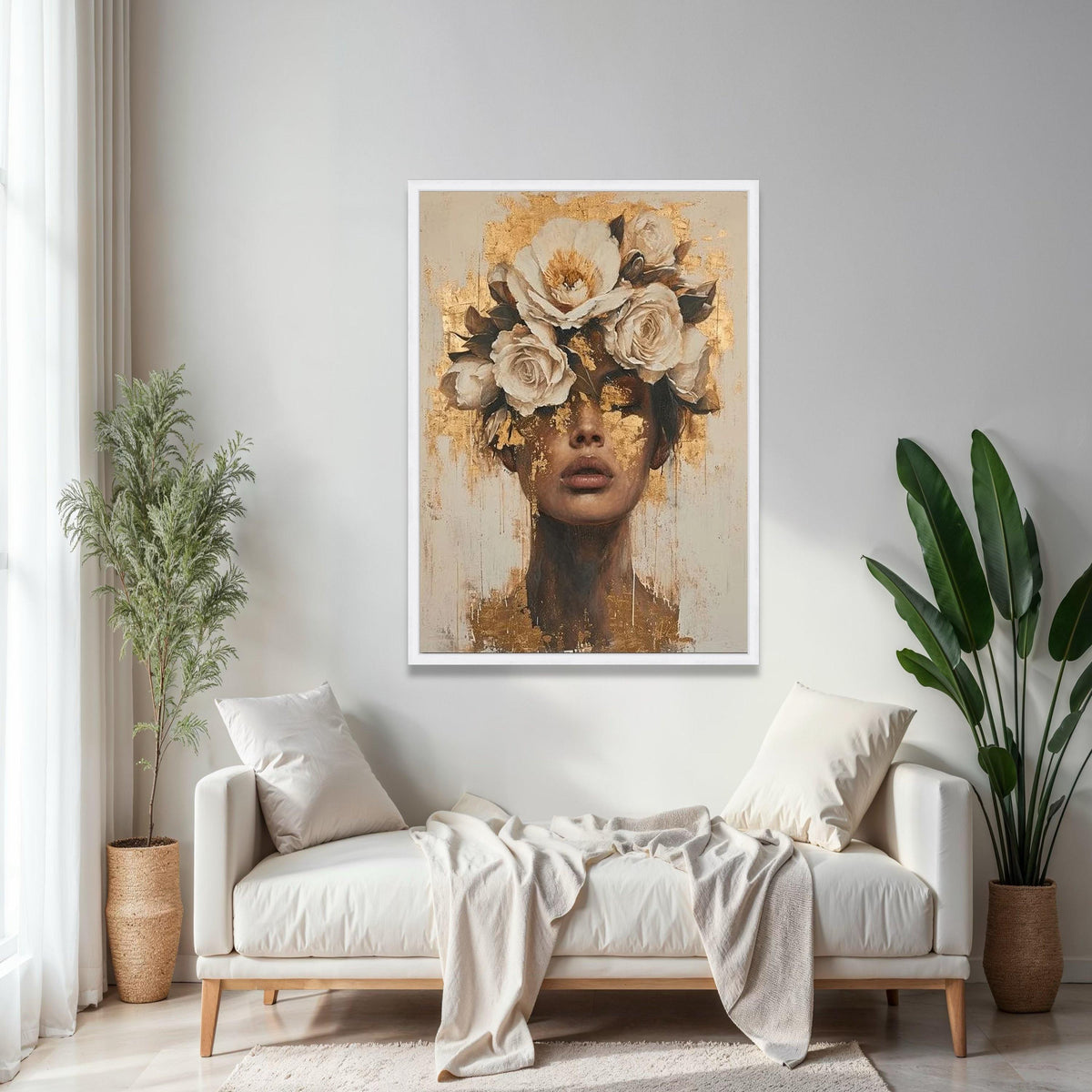 Floral Crown Portrait Canvas, Gold Leaf Face Art, Modern Female Wall Decor, Abstract Woman Painting, Gift Art, Home Decor, Print