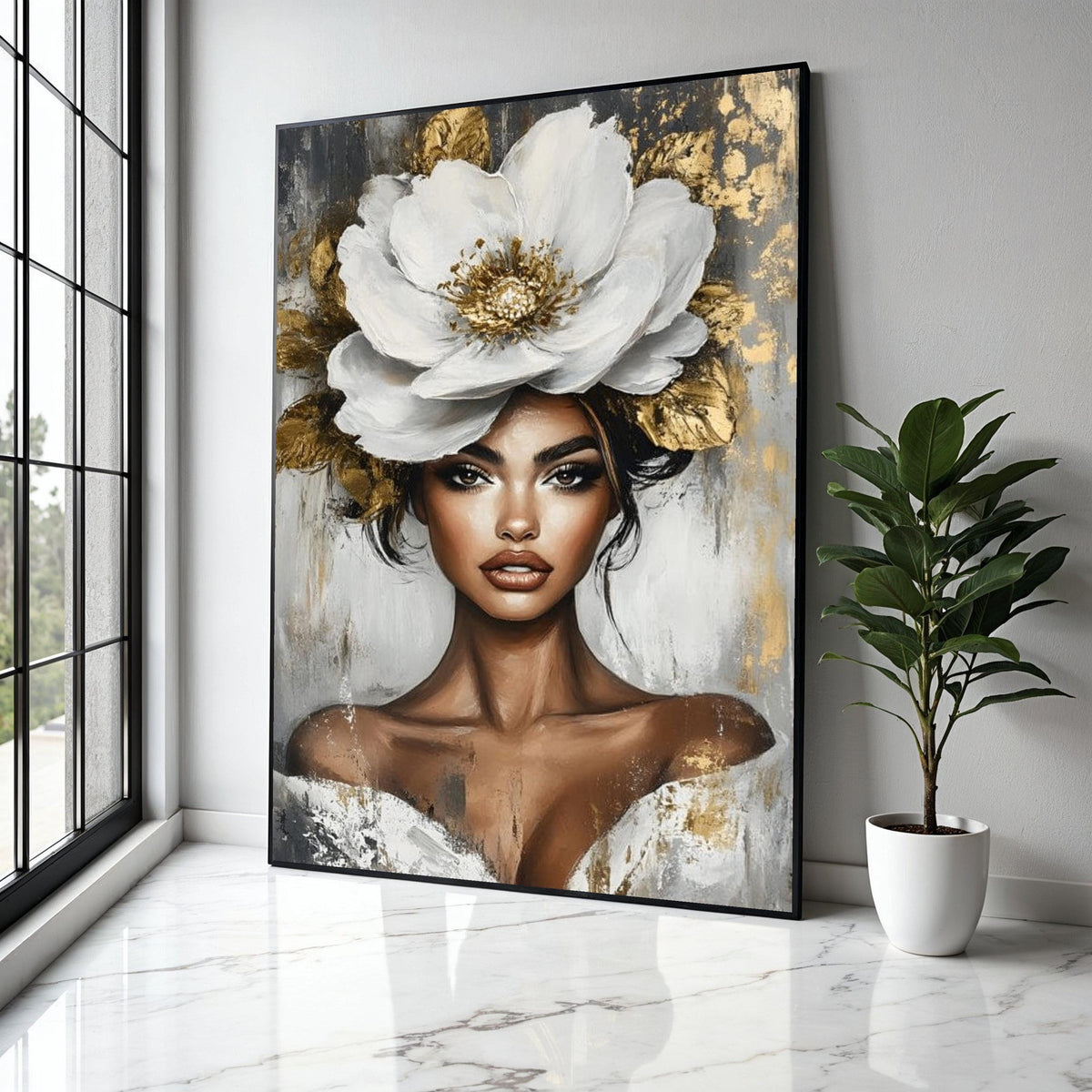 Elegant Woman Portrait Canvas, White Flower Headpiece Art, Modern Beauty Wall Art, Glamorous Female Canvas, Gift Art, Home Decor, Print