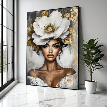 Elegant Woman Portrait Canvas, White Flower Headpiece Art, Modern Beauty Wall Art, Glamorous Female Canvas, Gift Art, Home Decor, Print
